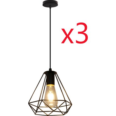 Pendant Light Black, Vintage Industrial Ø20cm Diamond Shape Hanging Ceiling Lamp Fixture Industrial Metal Chandelier with Cage Lampshade for Kitchen Island 3PCS