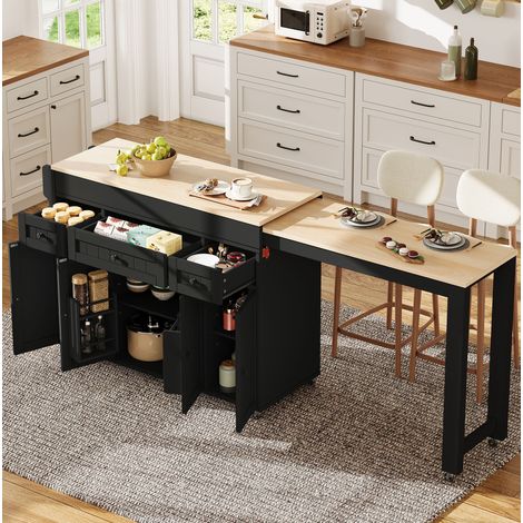 Mobile cucina isola su ruote con piano estensibile, 3 cassetti, nero e naturale DESVIAE (1/5)