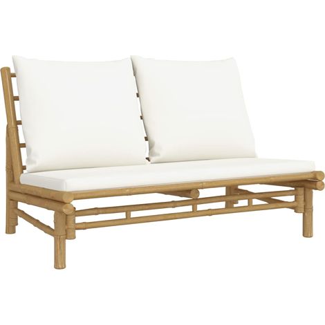 Banc de jardin  Banc extérieur  Banquette de jardin avec coussins blanc crème bambou (1/5)