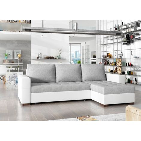 Canapé d'angle convertible et réversible tissu gris clair et simili cuir blanc Zelly 237cm (1/5)