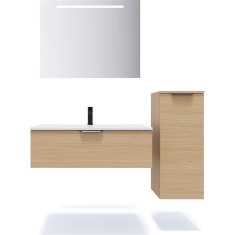 Meuble de salle de bain suspendu vasque intégrée 90cm 1 tiroir Chêne clair + miroir + colonne ouverture droite - Soho (1/5)