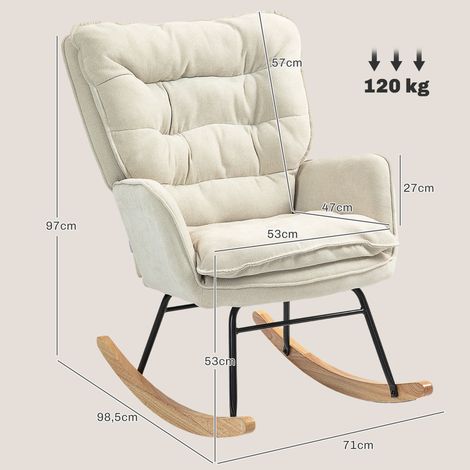 Schaukelstuhl, breiter Sitz, hohe Rückenlehne, Buchenholzrahmen, bis 120 kg, Beige (1/5)