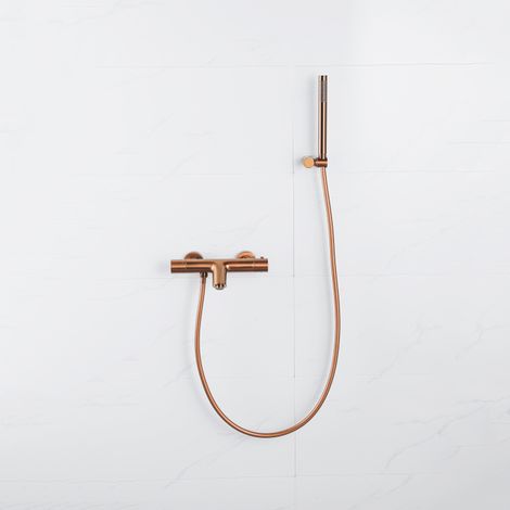 FugaFlow Eccelente Robinet de baignoire thermostatique avec douchette à tige, support de douchette et flexible de douche lisse Cuivre brossé PVD