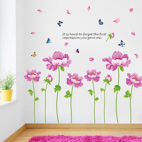 Sticker mural en PVC amovible motif pivoine rose pour chambre à coucher (1/5)