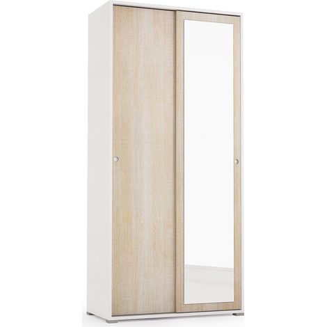 Schrank mit Schiebetüren, Spiegel, zwei Regalen und weißer Kleiderstange mit Türen aus Eichenholz (1/2)