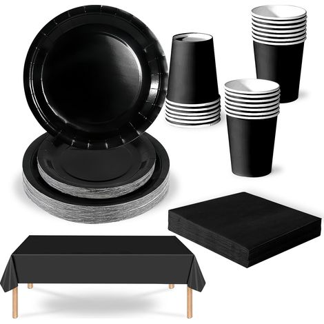 69 pièces Vaisselle Jetable Noir,Comprend Assiettes Carton Jetable Tasses Serviettesr en Papier et Nappe,Kit Decoration Anniversaire Fêtes Pique-niques Mariage Noël,Biodégradables,Recyclable (1/5)