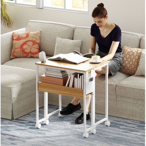 Bureau pliant 63 cm avec roulettes et étagère en bois naturel (1/5)