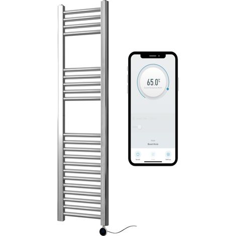 Chrome Electric Smart WiFi Controlled Heated Towel Rail 300mm W x 1200mm H Straight 7 Day Programmable Timer App Compatibility (1/5)