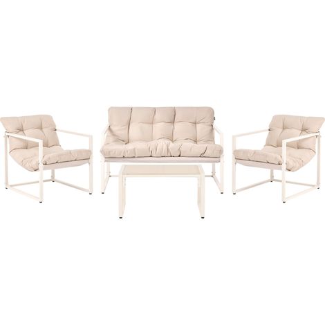 Beliani – Ensemble de salon de jardin moderne 4 places – Acier galvanisé et coussins beige – Table basse en verre trempé – Résistant aux intempéries (1/5)