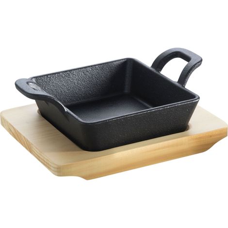 Gusseisenkuss® Gusseisenpfanne mit Griffen und Holzuntersetzer 14x14 cm Gusspfanne Gusseisen