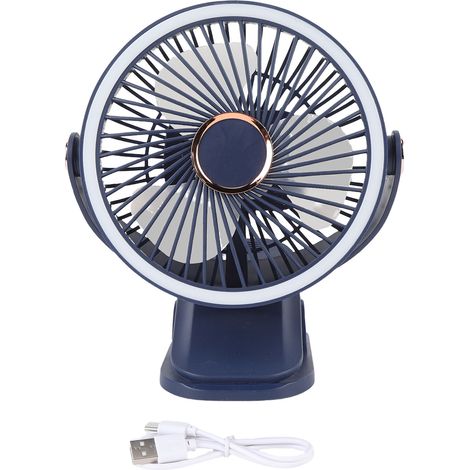 Kleiner Tischventilator mit Klemme, 5 Geschwindigkeitsstufen, 3 Helligkeitsstufen, 720°-Drehung, wiederaufladbar, hellblau