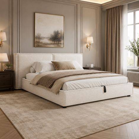 Cama tapizada 180x200 cm en chenilla beige con arcón hidráulico y somier de láminas (1/5)