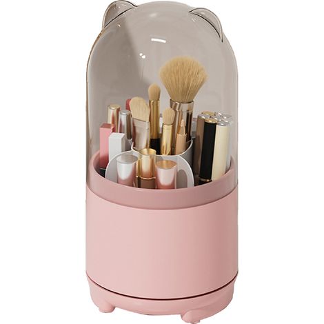 Caja de almacenamiento para brochas de maquillaje giratoria de 360° con tapa transparente a prueba de polvo y gran capacidad (rosa)
