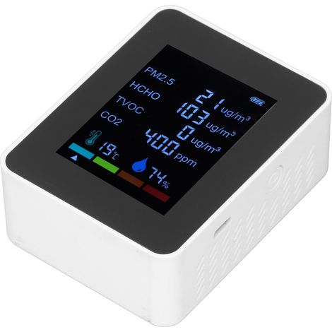 Multifunktionales 6-in-1-CO₂-Messgerät, Luftqualitätsmonitor, Temperatur-, PM2,5-, TVOC- und HCHO-Detektor, USB-Ladefunktion, Weiß (1/5)