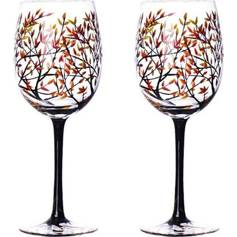 Verre à Vin Arbre D'Automne 2 PièCes - Couleurs D'Automne - Feuilles de Rouge, Jaune, Orange - Peint à La Main - Feuille D'Automne (1/4)