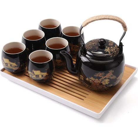 Service à Thé Japonais, en Porcelaine Noire avec 1 Théière, 6 Tasses, 1 Plateau, 1 Infuseur, Asiatique pour Amateur de Thé (Campagne Dorée) (1/5)