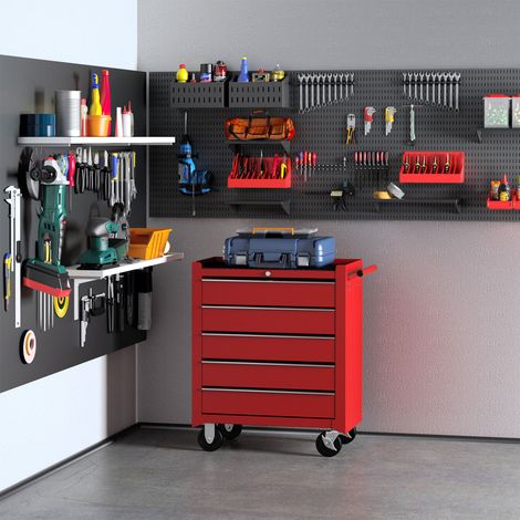 Chariot porte-outils avec 5 tiroirs, serrure, 2 clés et poignée murale démontable, 2 roues avec frein en tôle d'acier EVA rouge 67,5x33x77 cm. (1/5)