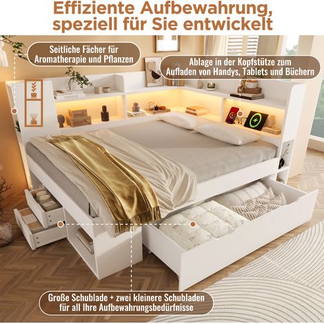 Lit de jour 90x200 cm Blanc, lit fonctionnel avec éclairage LED intégré. Lit une place en bois avec chargeur USB et Type-C. Étagères et tiroirs pour rangement. Lit enfant avec sommier à lattes (matela (1/5)