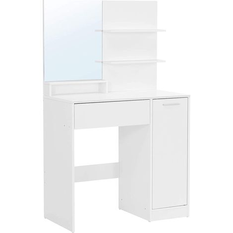 VASAGLE KAILYN Collezione - Toeletta, Tavolo da Trucco con Specchio Grande, Scomparto con 2 Ripiani Regolabili, 1 Cassetto, 2 Mensole, Postazione Trucco Moderna, Bianco RDT119W01 (1/5)