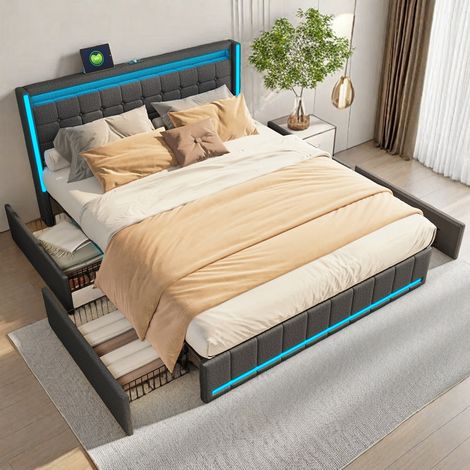 Lit coffre 160 x 200 avec 4 tiroirs - Lit double adulte 160 x 200 - Lin - Gris foncé - LED réglable et chargement USB - Sommier à lattes (1/5)