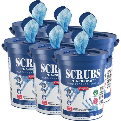 Set mit 6 Eimern mit je 72 SCRUBS-Handreinigungstüchern – professionelle antibakterielle Reinigungstücher – effektive Entfernung von Fett, Farbe und Öl – nicht abrasive Textur