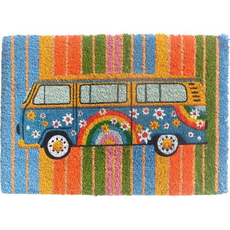 Fußmatte aus Kokosfaser mit buntem Hippie Bus 60 cm (1/3)