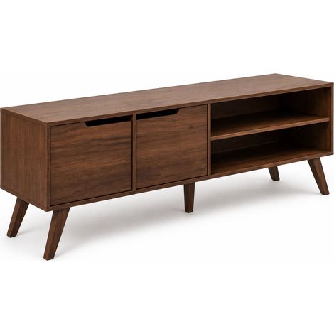Mobile TV Moderno Con 2 Ante Battenti E 2 Vani A Giorno In Melaminico Robusto E Funzionale Con Gambe Slanciate Design Scandinavo Per Soggiorno Salotto Zona Living 160 X 40 X 55 Cm Noce (1/5)