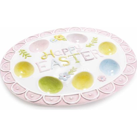 Piatti portauova adatti al contatto alimentare in ceramica colorata con 7 scomparti e scritta decorativa Happy Easter, cm 30,5 x 27 H