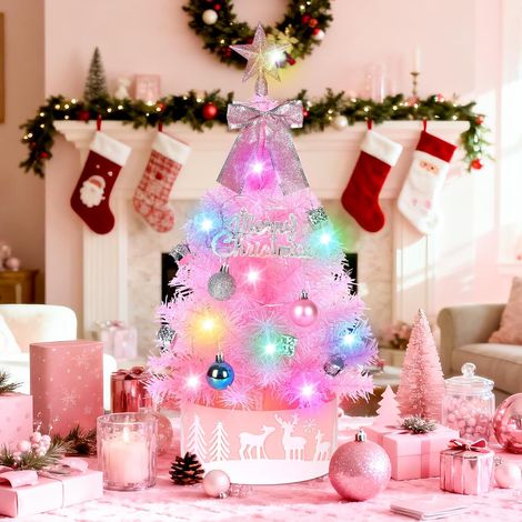 Sapin de Noël Artificiel Rose 60cm avec Lumières LED, Sapin de Noël Coloré Moderne avec Décorations Boules, Baies, Jupe, Petit Sapin de Noël pour Table et Bureau, Décoration d'Intérieur (1/5)