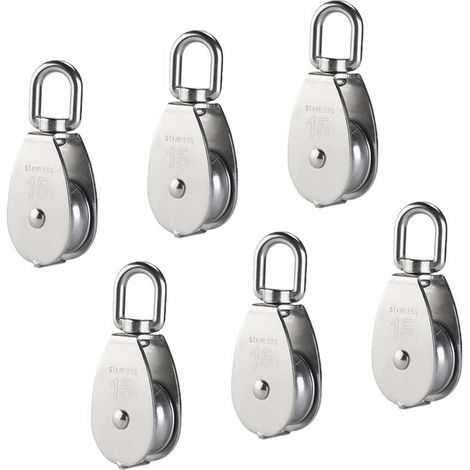 M15 304 Stainless Steel Single Pulley, 15MM Single Pulleys Block Roller, Crane Swivel Hook Smooth Wire Rope Cable Load 77lbs/35Kg (6Pcs)