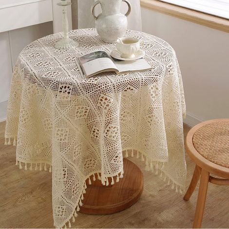 Noël Petite Nappe Rondes,Nappe Ronde Bohème, Lavable, Rétro Fil de Coton Dentelle Meuble TV Meuble à Chaussures Nappes Anti-Poussière pour Jardin, Mariage, Fête, Table Décorative ( Beige 60 x60 cm) (1/5)