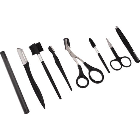 Kit de soin des sourcils 8 pièces, outils en acier inoxydable noir antirouille avec pochette de rangement