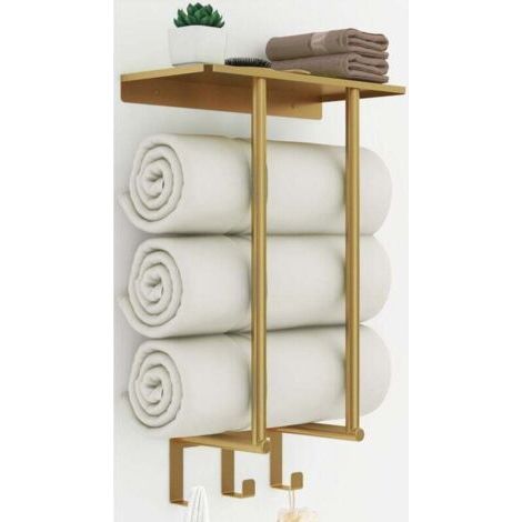 Porte Serviette Salle de Bain, Porte Serviette Murale Doré Mat Support Serviette Salle de Bain avec Étagère et 3 Crochet Métal Rangement Serviette pour Les Serviettes 3 Enroulées (50 cm) (1/4)