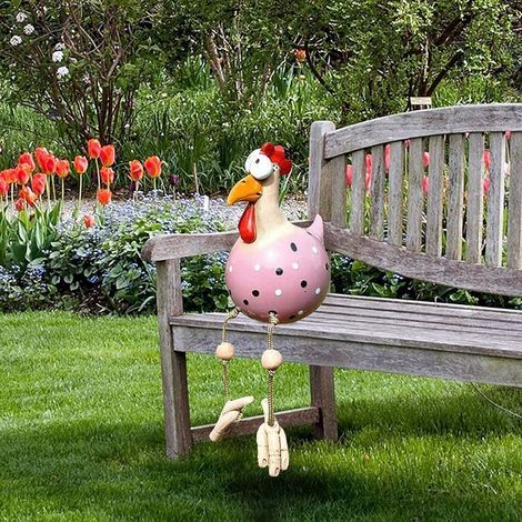 JSSEVN - Chicken-shaped garden decoration (Pink) - 14x8x8 cm - Fence statue - Hens - Garden decoration - Ceramic - Interesting sculpture - Yard gift - Garden decoration (1/5)