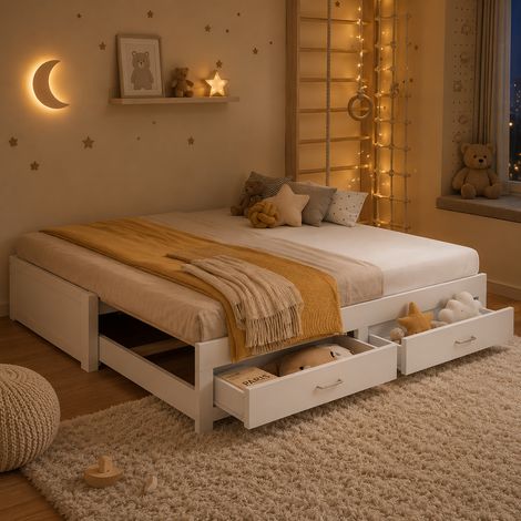 Lit banquette extensible 90x190 à 180x190cm avec 2 tiroirs Lit enfant avec sommier à lattes-sans accoudoirs ni dossier-Bois Blanc (1/5)