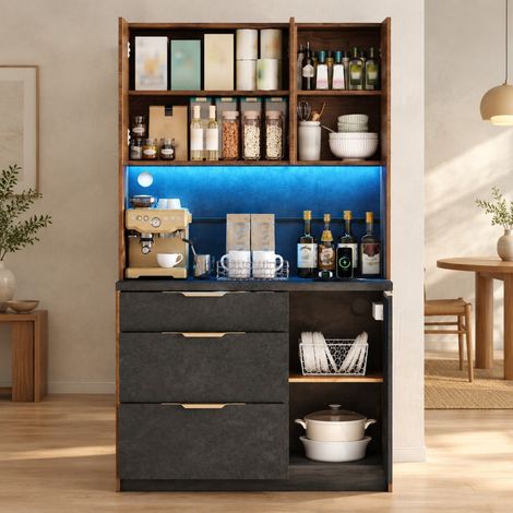 Buffet haut de cuisine LED RGB et prises, 4 portes, 3 tiroirs, MDF, 100 x 40 x 180 cm, OKWISH (1/5)