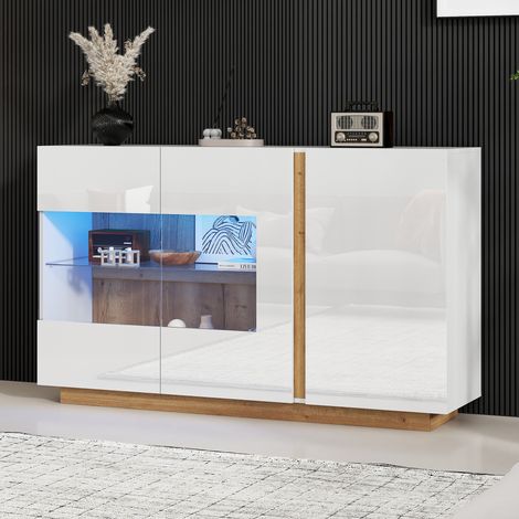 Hochglanz-Sideboard-Kommode, weiße Spanplatte mit Glas, Holzsockel, Flurschrank, Kommode 138 x 38 x 90,5 cm