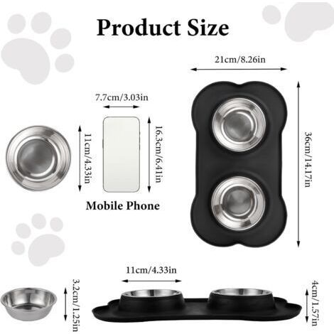 Tapis de gamelle en acier inoxydable pour chat, ensemble de 2 gamelles antidérapantes en acier inoxydable pour chiens et chats, double gamelles d'eau avec tapis de gamelle en silicone anti-éclaboussur (1/4)