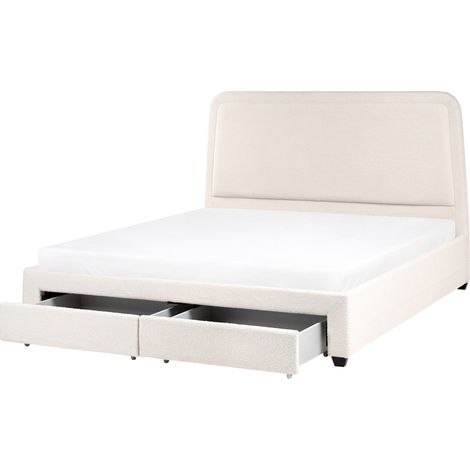 Cama escandinava de bouclé con cabecero 180 x 200 cm tapizada con 2 cajones y somier de láminas blanco crema Sardent