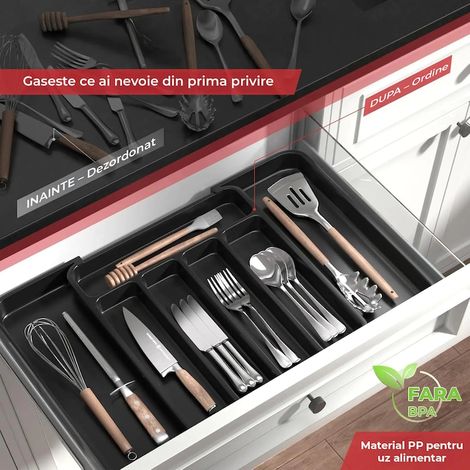 Elindor® Organizer espandibile per riporre posate e utensili da cucina, cucchiai, forchette, coltelli, 7 scomparti, cassetto da 22 a 38 cm, supporto regolabile, divisorio spazioso per cassetti, access (1/5)