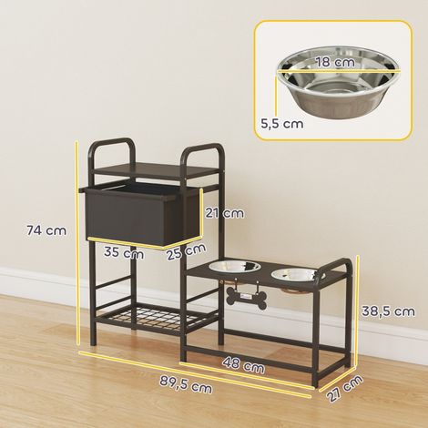 Gamelle chien surélevée réglable, support avec rangement pour croquettes et eau, 2 bols inox 800 ml, acier noir, 89,5x27x74 cm, station repas ergonomique (1/5)