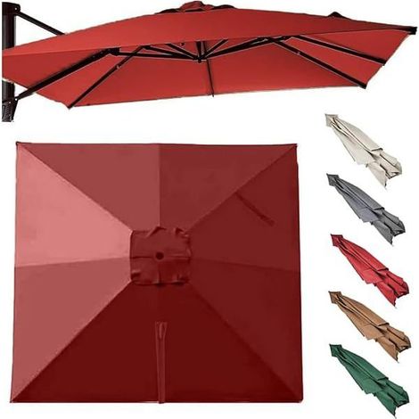 Toile rechange parasol déporté rectangulaire 3x3m, 8 baleines, auvent de remplacement extérieur, couleur rouge (1/5)