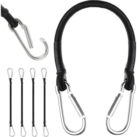 Cordes Élastiques avec Mousquetons - Lot de 4 - 30cm Alliage Aluminium et Caoutchouc - Fixation Robuste pour Bagages Camping Bâches - Noir et Multicolore (1/5)