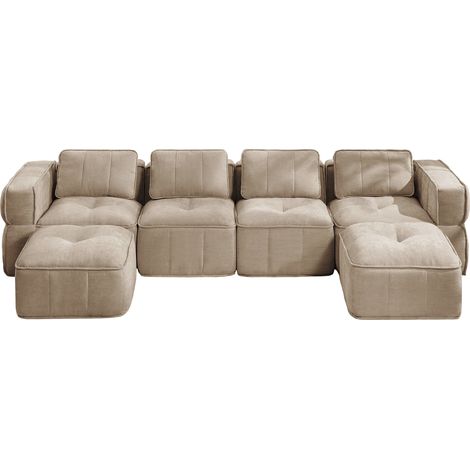 U-förmiges modulares Sofa 4-Sitzer ohne Gestell, mit 2 Hockern, 32D-Schaum, Polyester Sand (1/5)