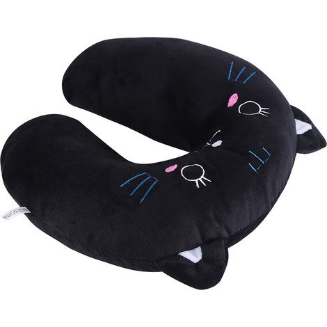 Oreiller de Voyage pour Animaux en Forme de U, Coussin Tête pour Voiture en Coton PP Doux, Modèle Chat Noir (1/3)