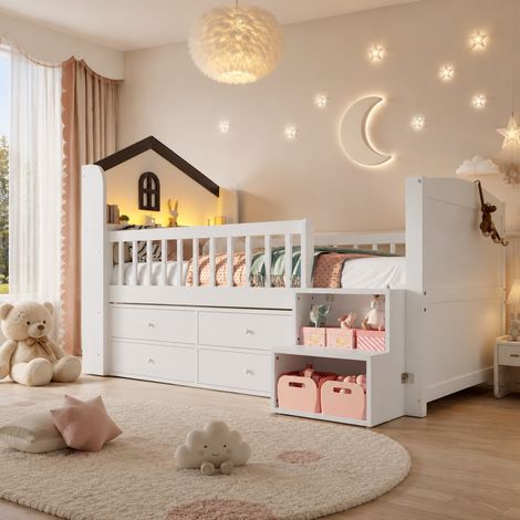 Cama semialta infantil (214x124.5x120 cm), con forma de casa, 4 cajones, iluminación LED, pino, blanco (1/5)