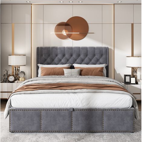 Bett Doppelbett Stauraum 140x190 Samt Grau OKMYHOME (1/5)
