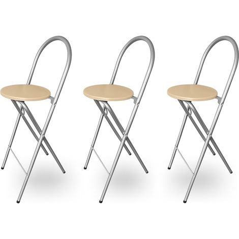 KMH® Lot de 3 Tabourets Bill – Pliables et gain de place, argent/hêtre – Tabourets avec dossier et repose-pieds, cadre en acier – stables et polyvalents pour cuisine, bar et événements (1/5)