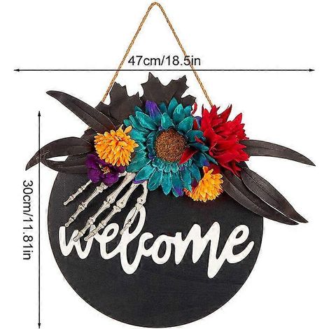 1 plaque de bienvenue créative en bois, panneau de porte d'Halloween, squelette circulaire, main et fleur artificielle