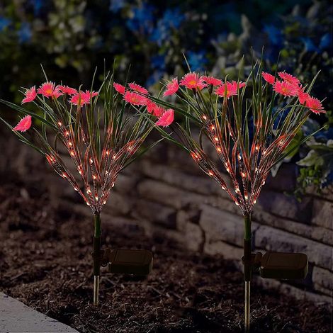 Lot de 2 petites lampes solaires artificielles roses en forme de marguerite pour l'extérieur, à planter dans le jardin, LED multicolores étanches, pour la décoration de terrasse et de jardin. (1/5)